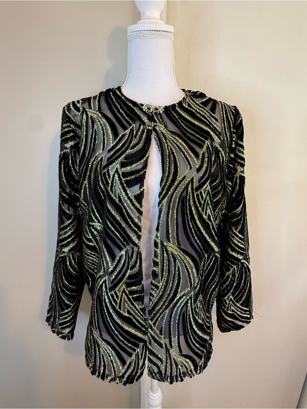 Vintage R&K Evening Metallic Gold & Black Sheer Velvet Swirl Evening Cardigan S